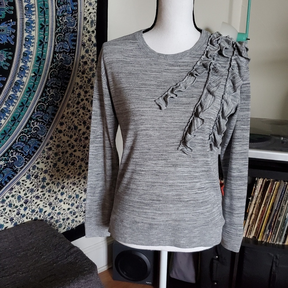 Banana Republic Gray Ruffled Crew Neck